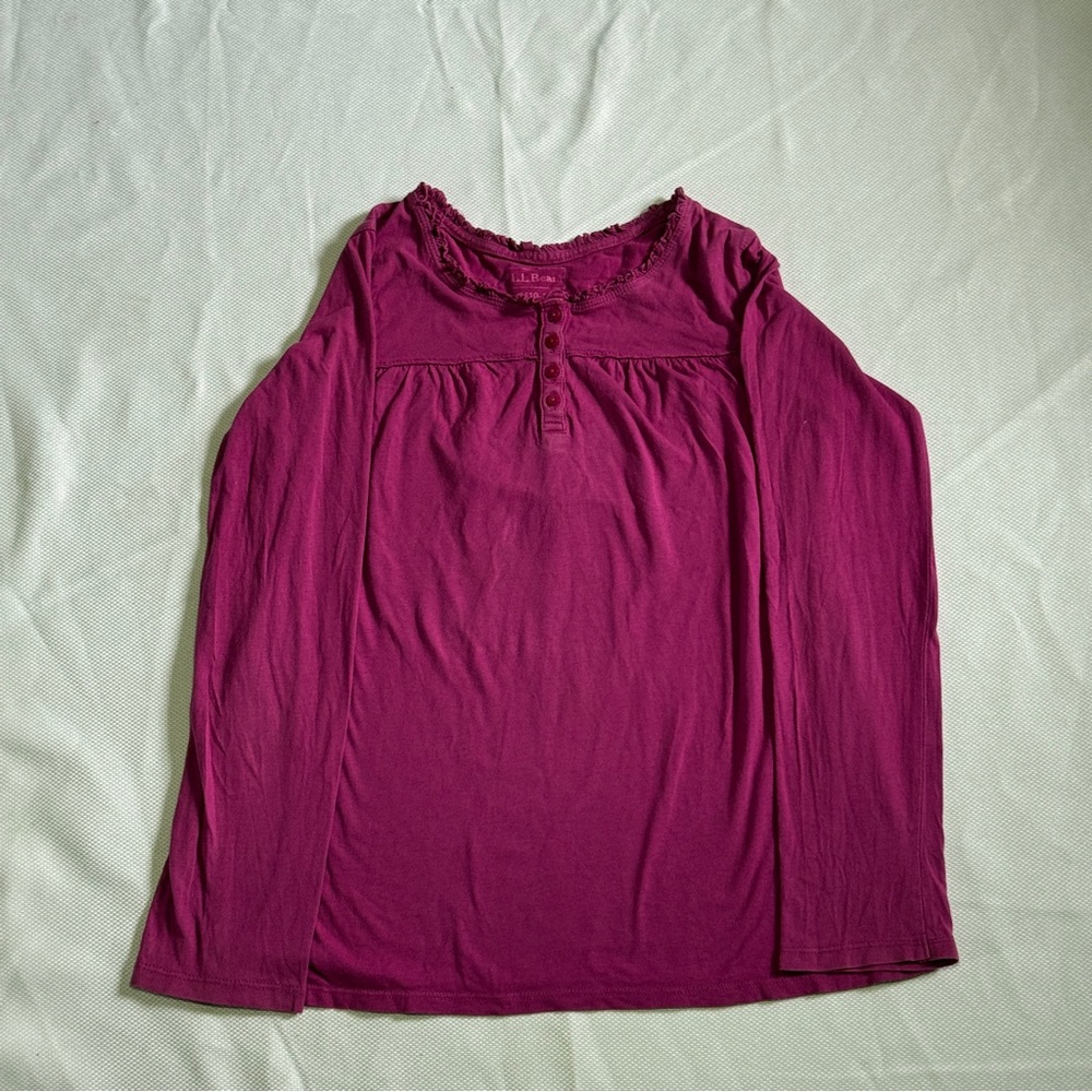 L.L.Bean Girls Long Sleeve Henley Top – Raspberry Pink, Ruffle Neck, Size M